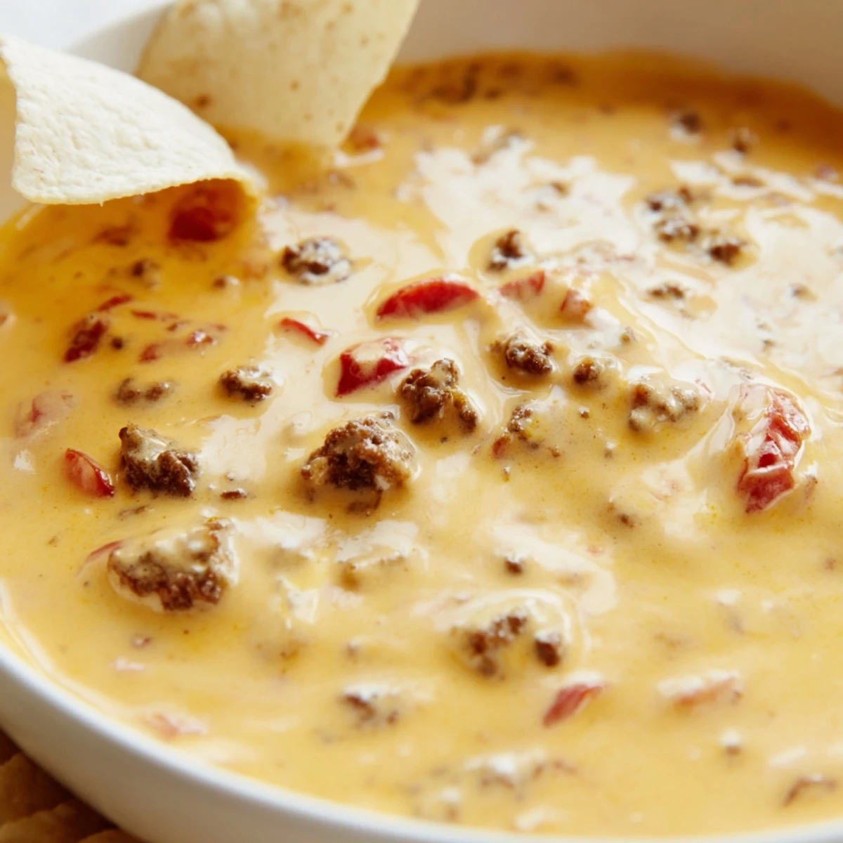 Golden bubbly Rotel dip recipe poured into a rustic bowl alongside tortilla chips