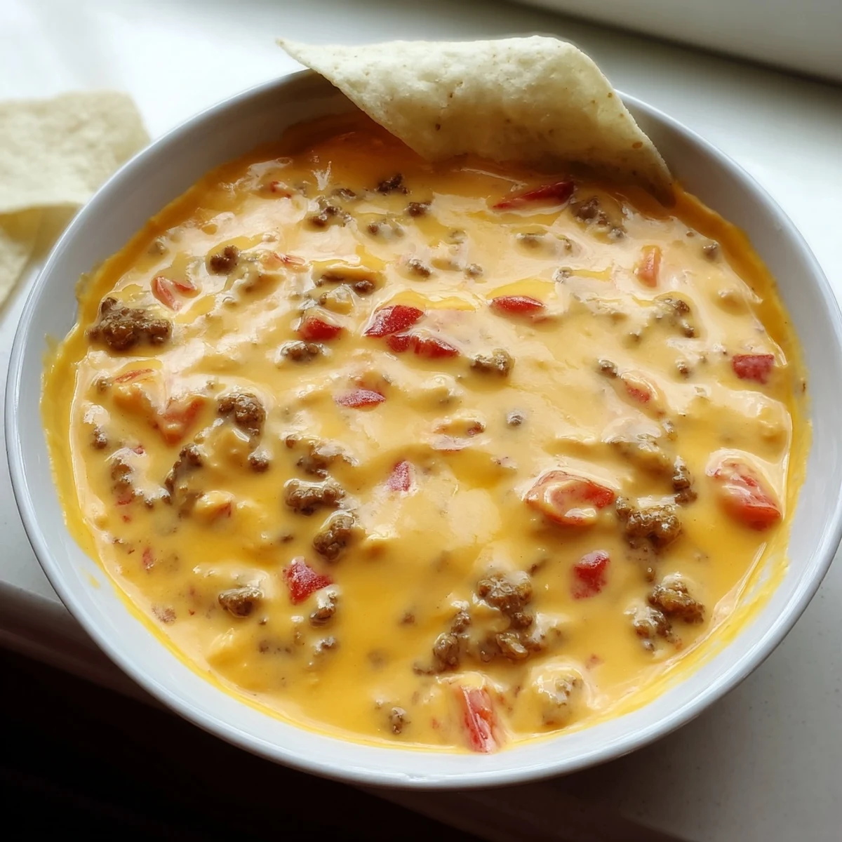 Steaming spoonfuls of Rotel dip recipe scooped up with crispy salted tortilla chips