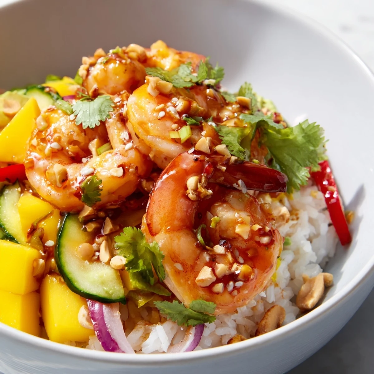 Sweet Chili Mango Shrimp Bowl served over jasmine rice with colorful fresh vegetables