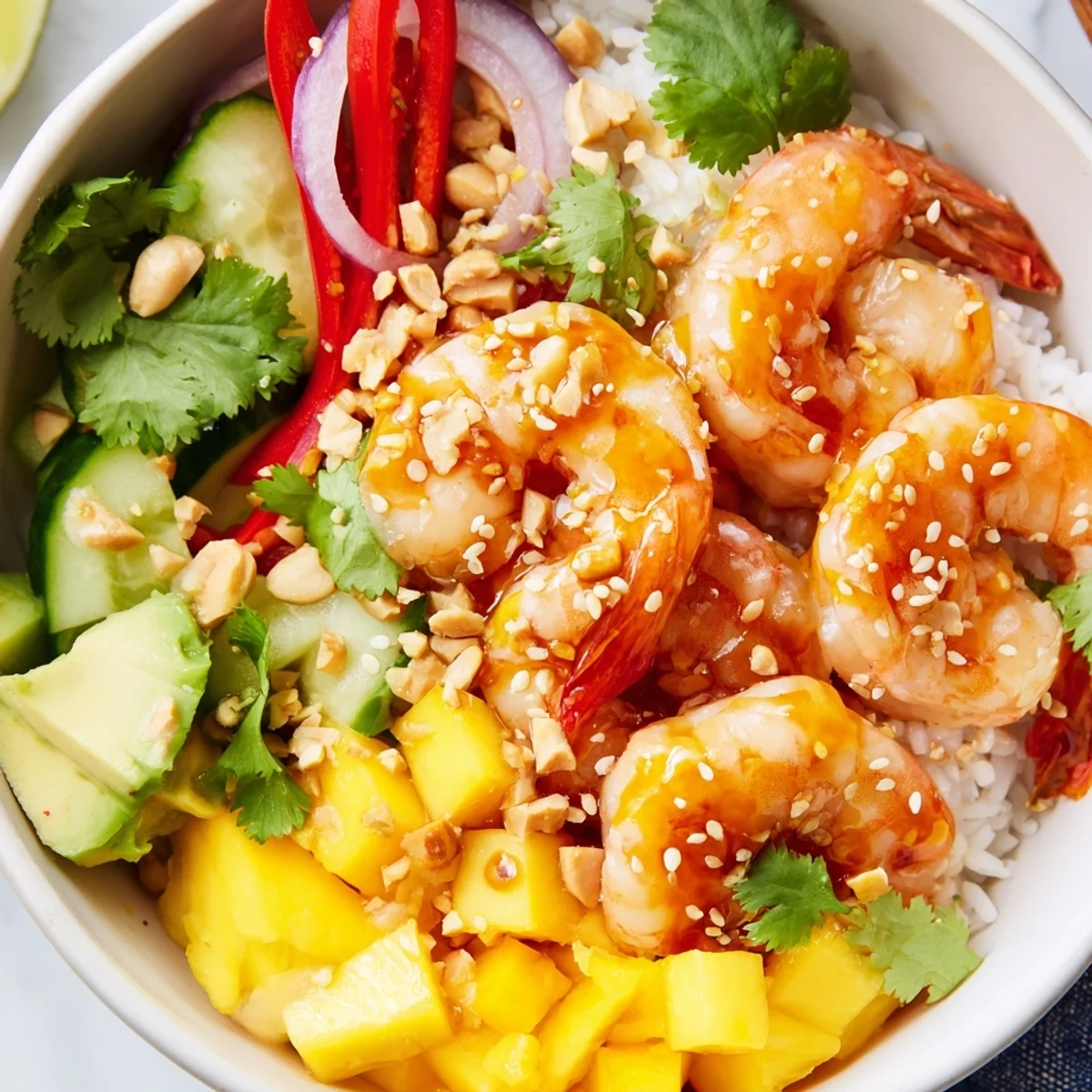 Close-up of Sweet Chili Mango Shrimp Bowl topped with avocado and sesame seeds