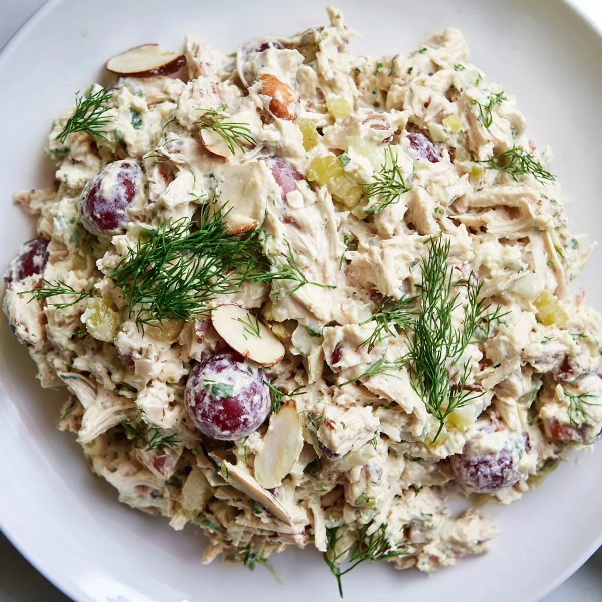 Creamy vegan chicken salad piled on toasted bread with fresh grapes and herbs