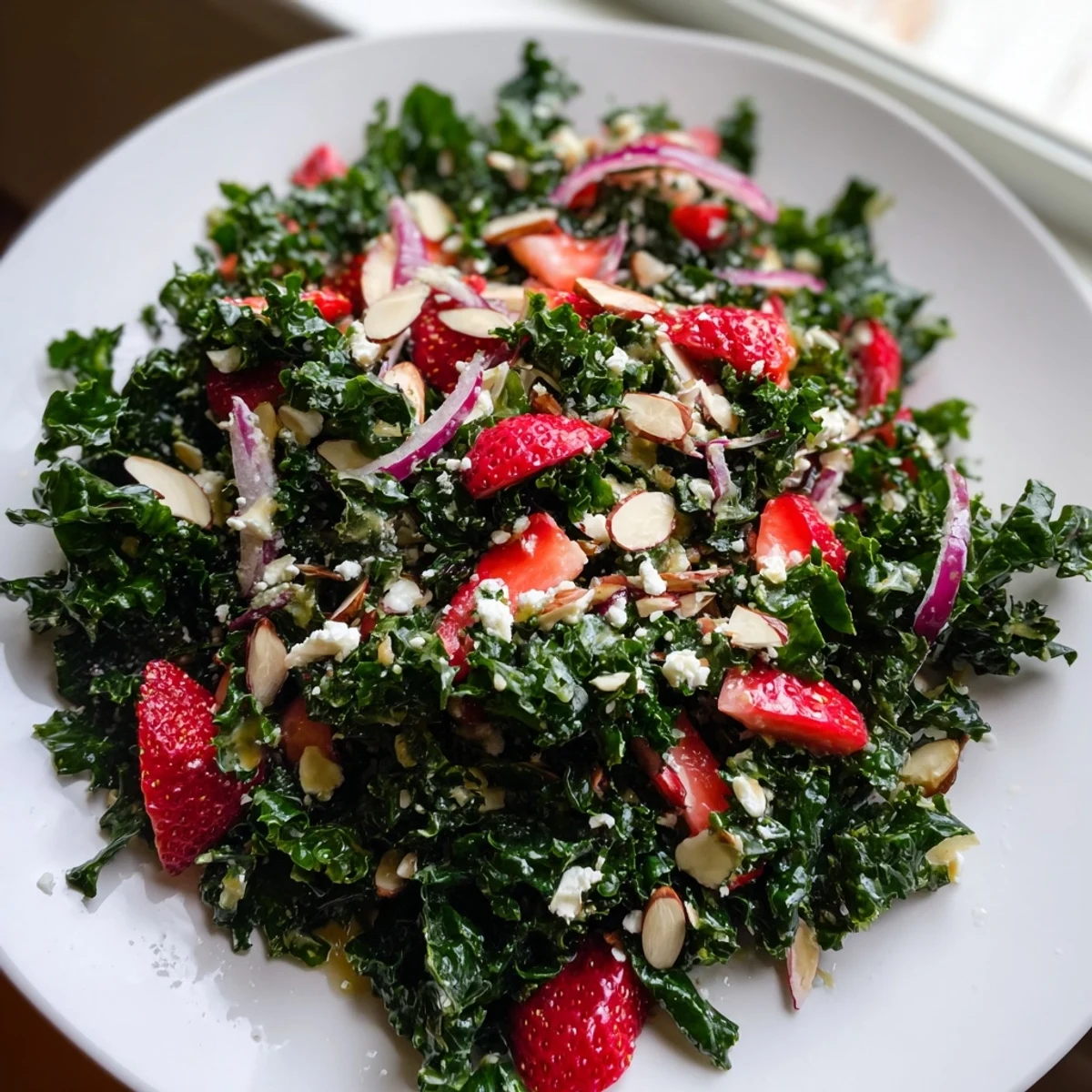 Vibrant strawberry kale salad with honey lemon dressing served in a rustic wooden bowl