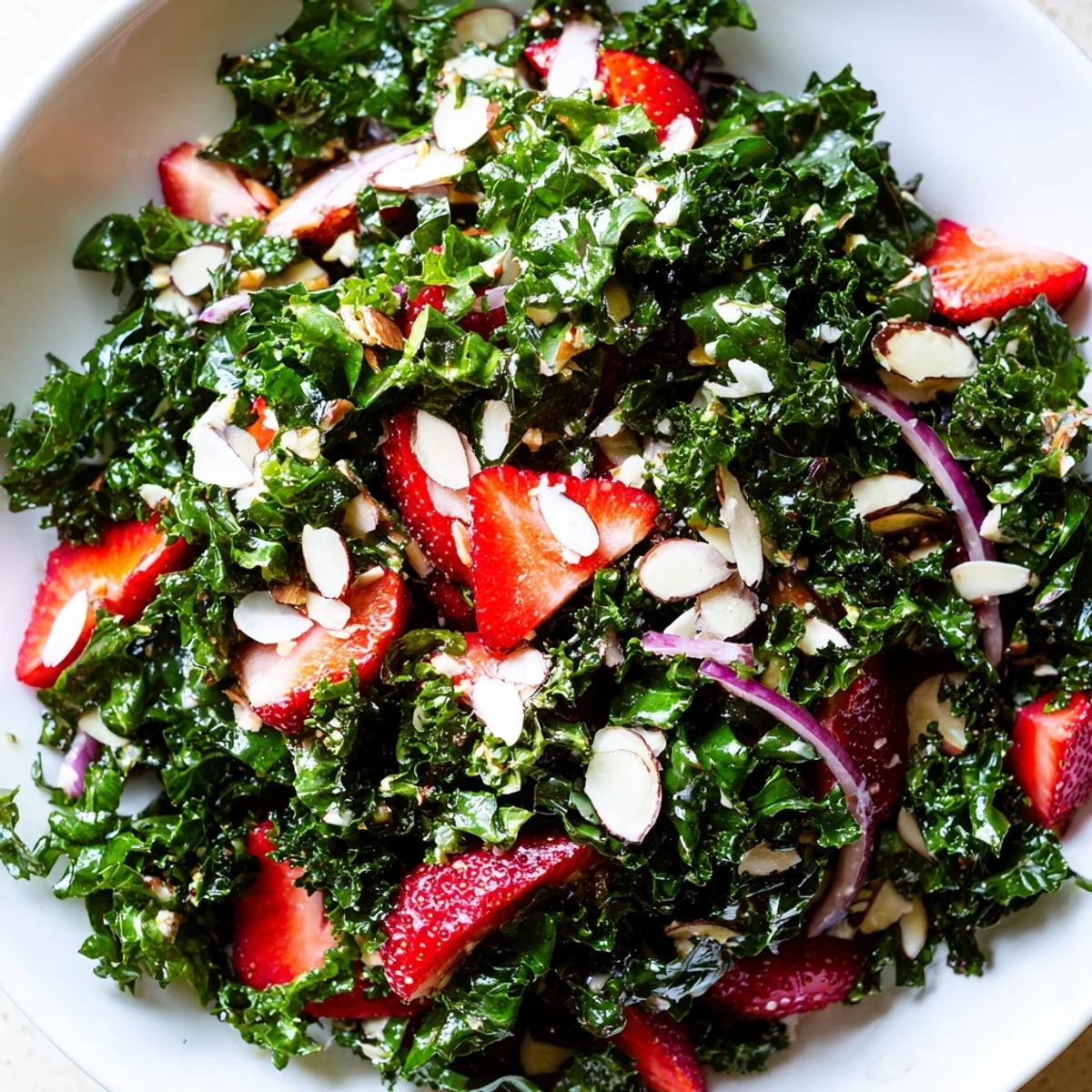 Crisp kale leaves topped with sliced strawberries and glistening honey lemon dressing