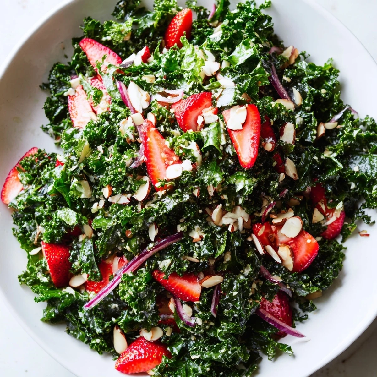 Fresh strawberry kale salad with honey lemon dressing tossed with feta and almonds