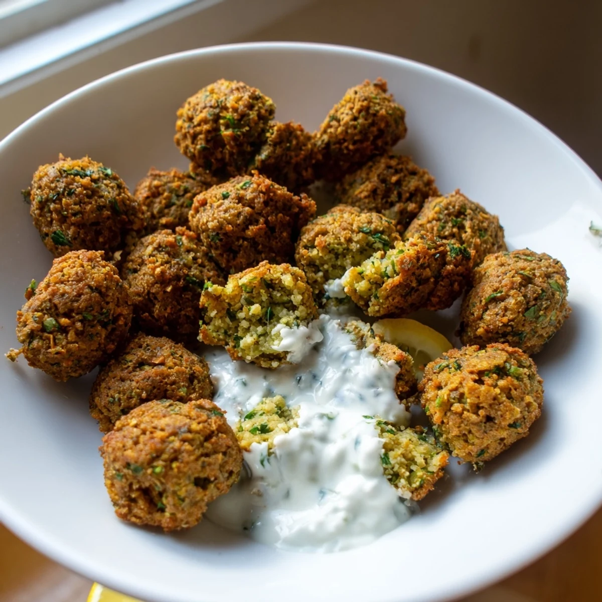 Golden crispy herb falafel bites nestled beside a bowl of creamy garlic yogurt sauce on a rustic plate.
