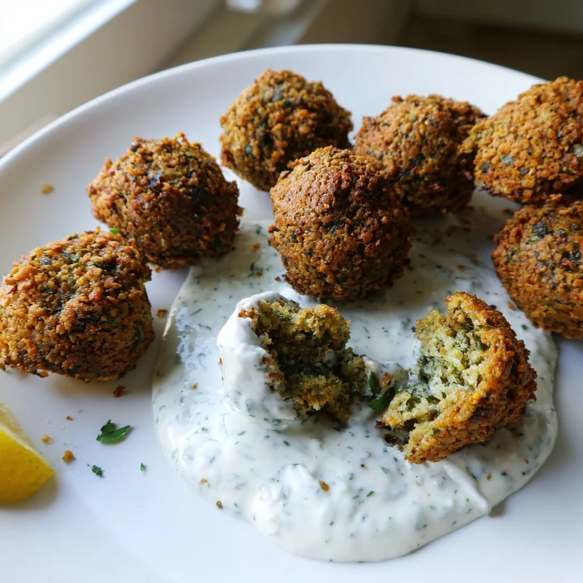 Crunchy herb falafel bites piled on parchment paper with a vibrant green-topped garlic yogurt dipping sauce nearby.