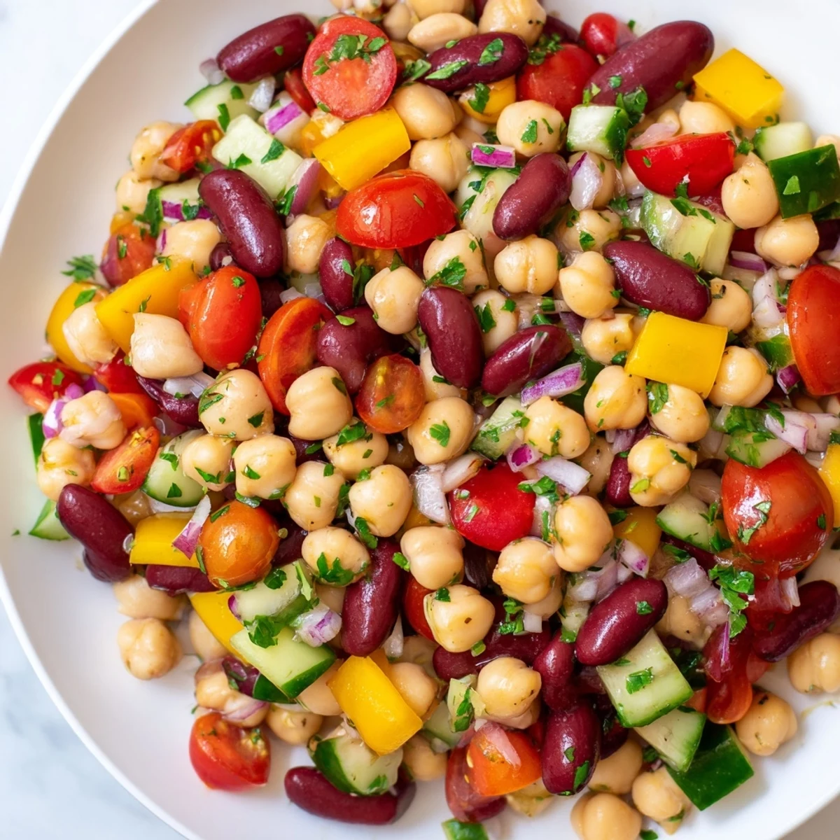 Zesty Italian Bean Salad garnished with parsley and cherry tomatoes, ready to serve