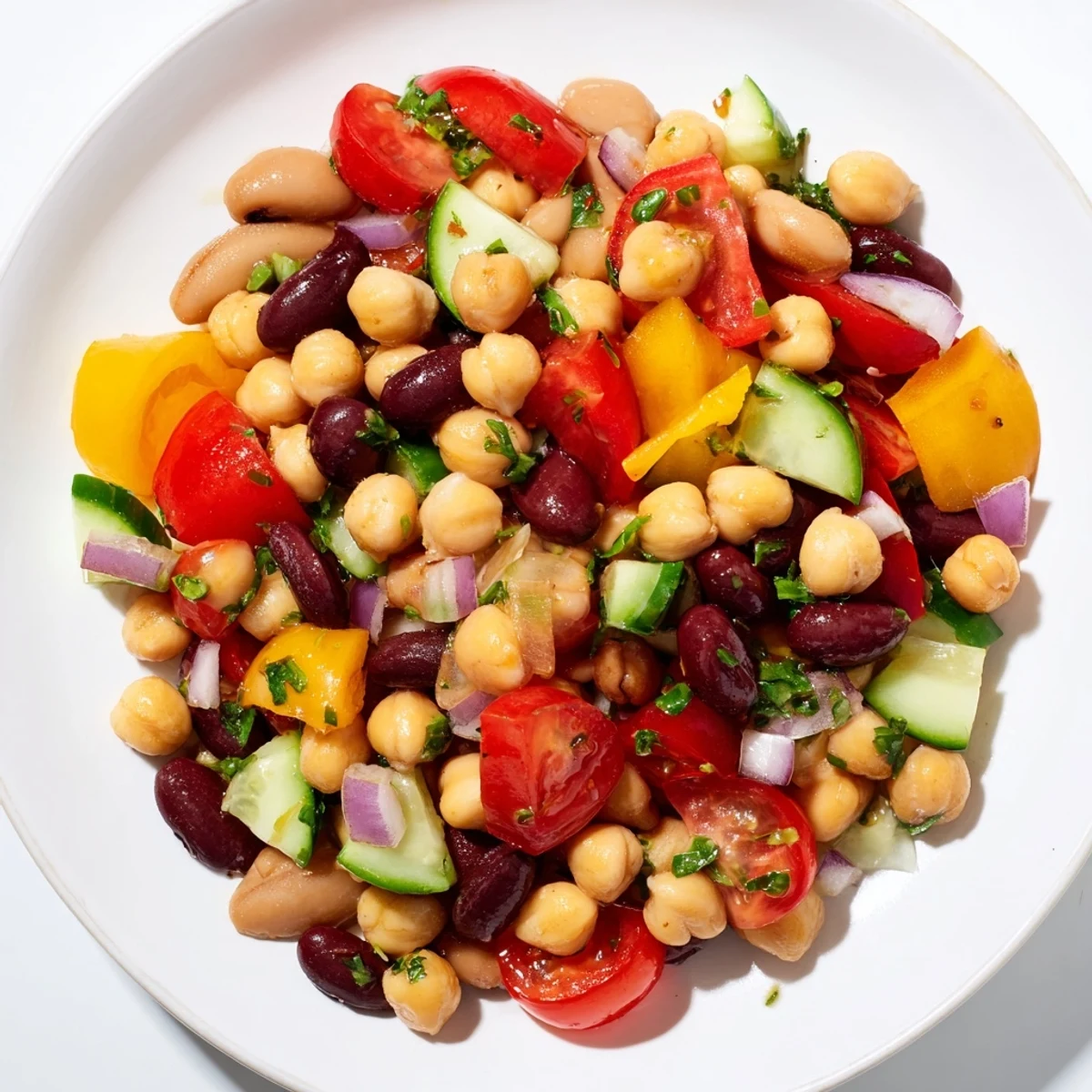 Italian Bean Salad in a rustic bowl brimming with crisp bell peppers and tender chickpeas