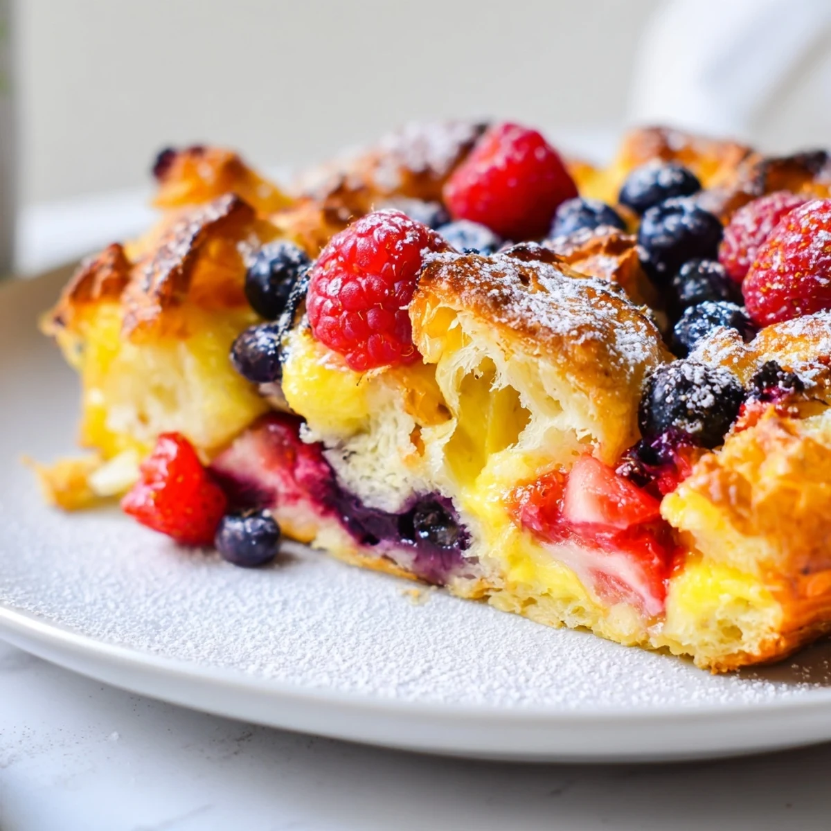 Berry croissant bake topped with powdered sugar and bursts of raspberries in creamy custard