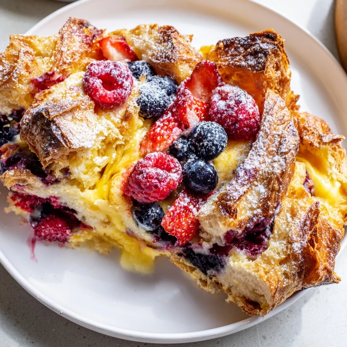 Golden berry croissant bake with custard-soaked pastry and fresh blueberries served warm