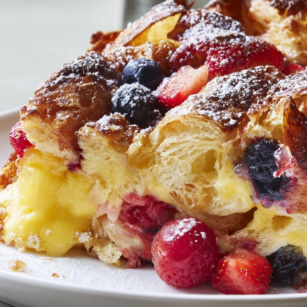 Steaming berry croissant bake featuring flaky golden croissants and vibrant strawberries in a cast iron dish