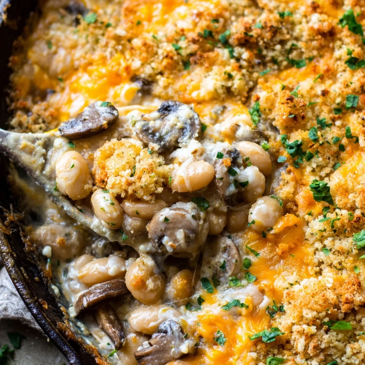 Creamy spiced white beans with mushrooms baked under a bubbling golden cheddar herb crust