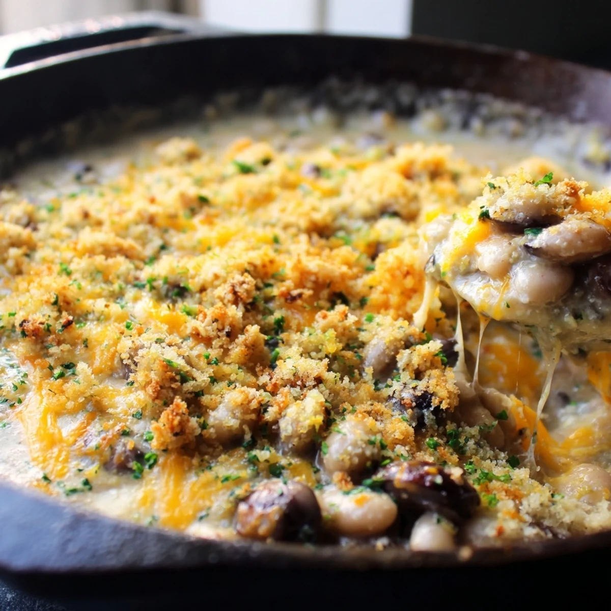 Steaming skillet of creamy spiced white beans with mushrooms topped with crispy cheesy breadcrumbs