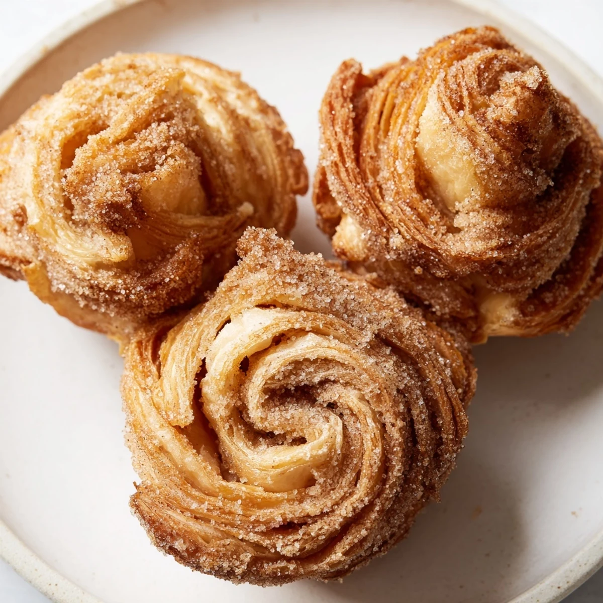Buttery cruffins pulled apart to reveal delicate spiral pastry layers inside