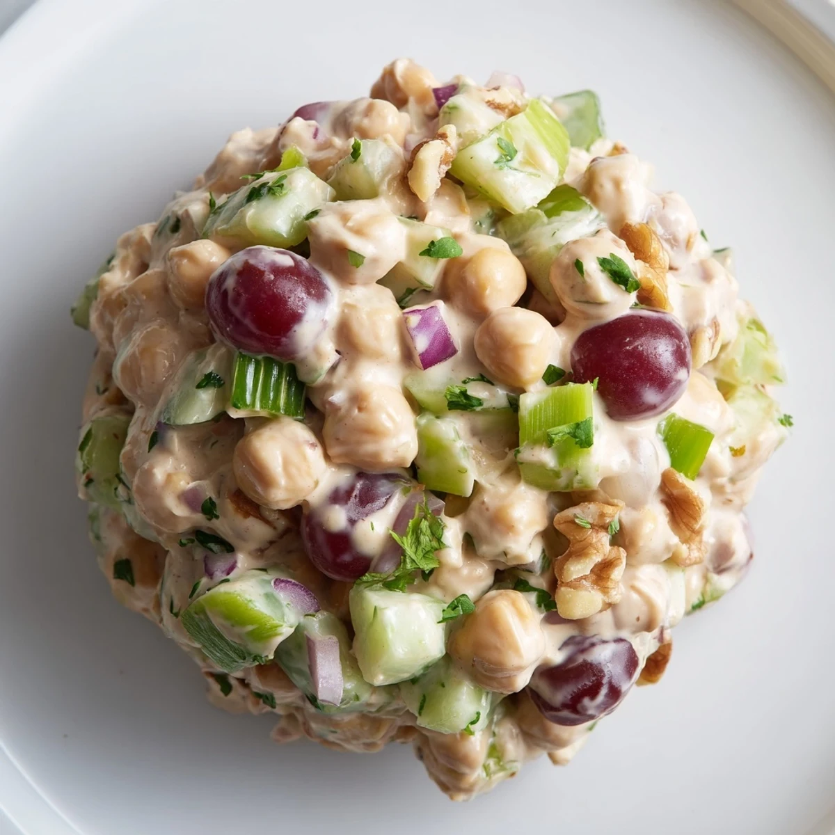 Vibrant vegan chicken salad scooped into lettuce cups with juicy grapes and walnuts