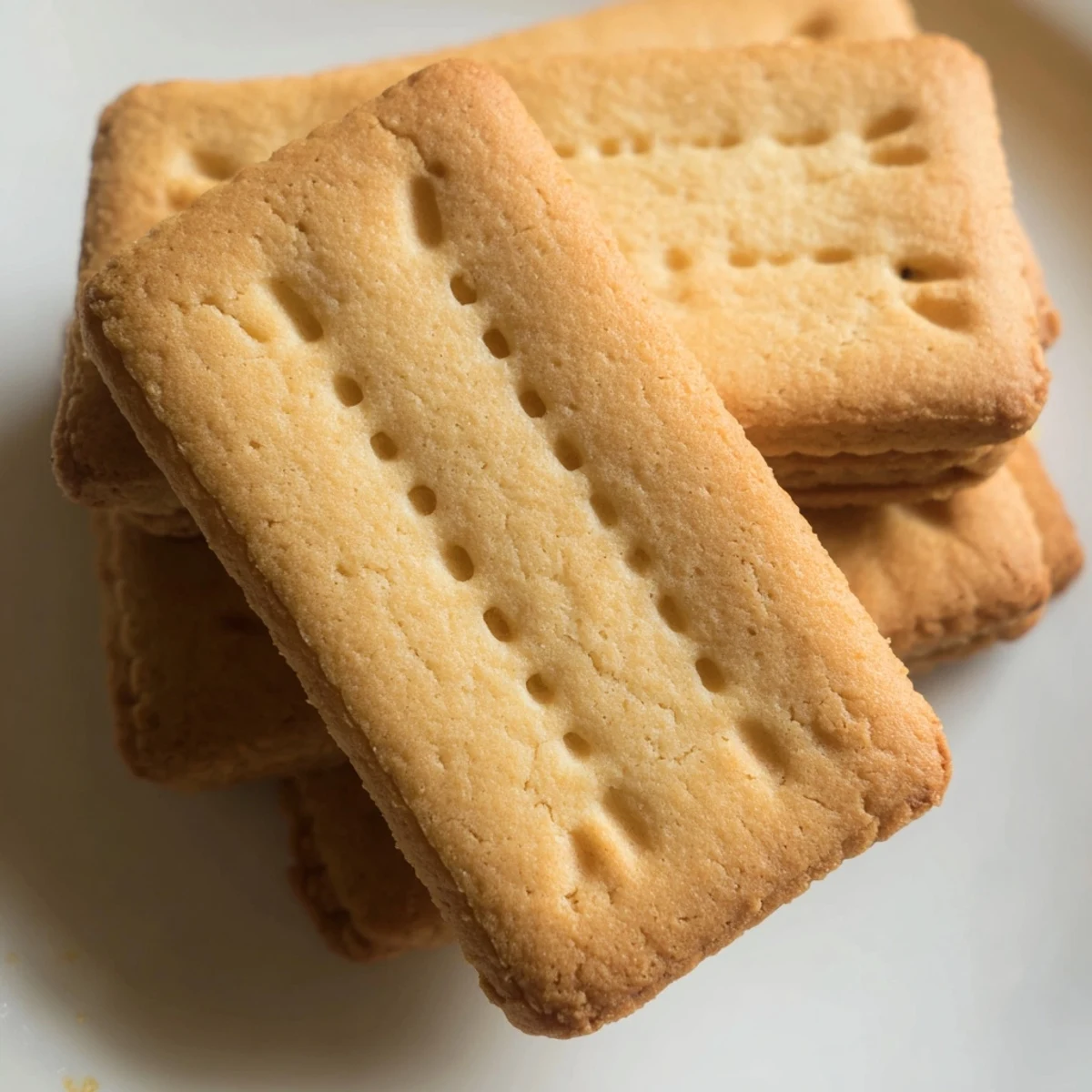 Golden French Petit Beurre cookies with fork-dotted edges stacked on a cooling rack