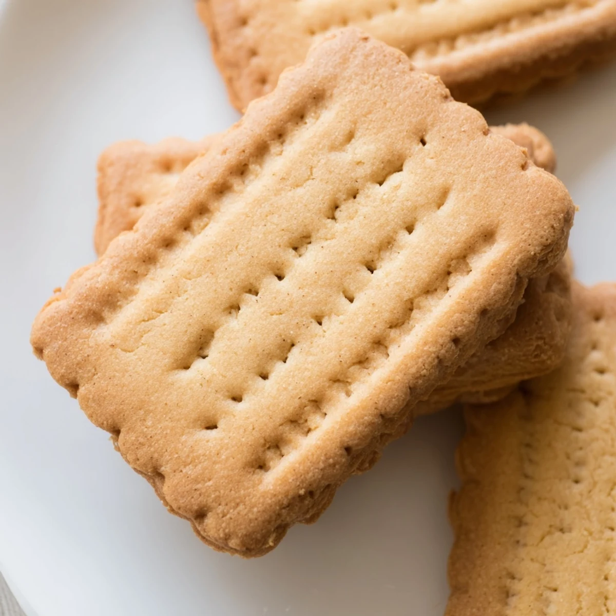 Freshly baked Petit Beurre cookies with buttery edges resting on parchment paper