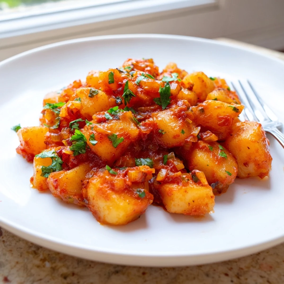 Tender potato cubes coated in vibrant green chile sauce in a cast iron skillet