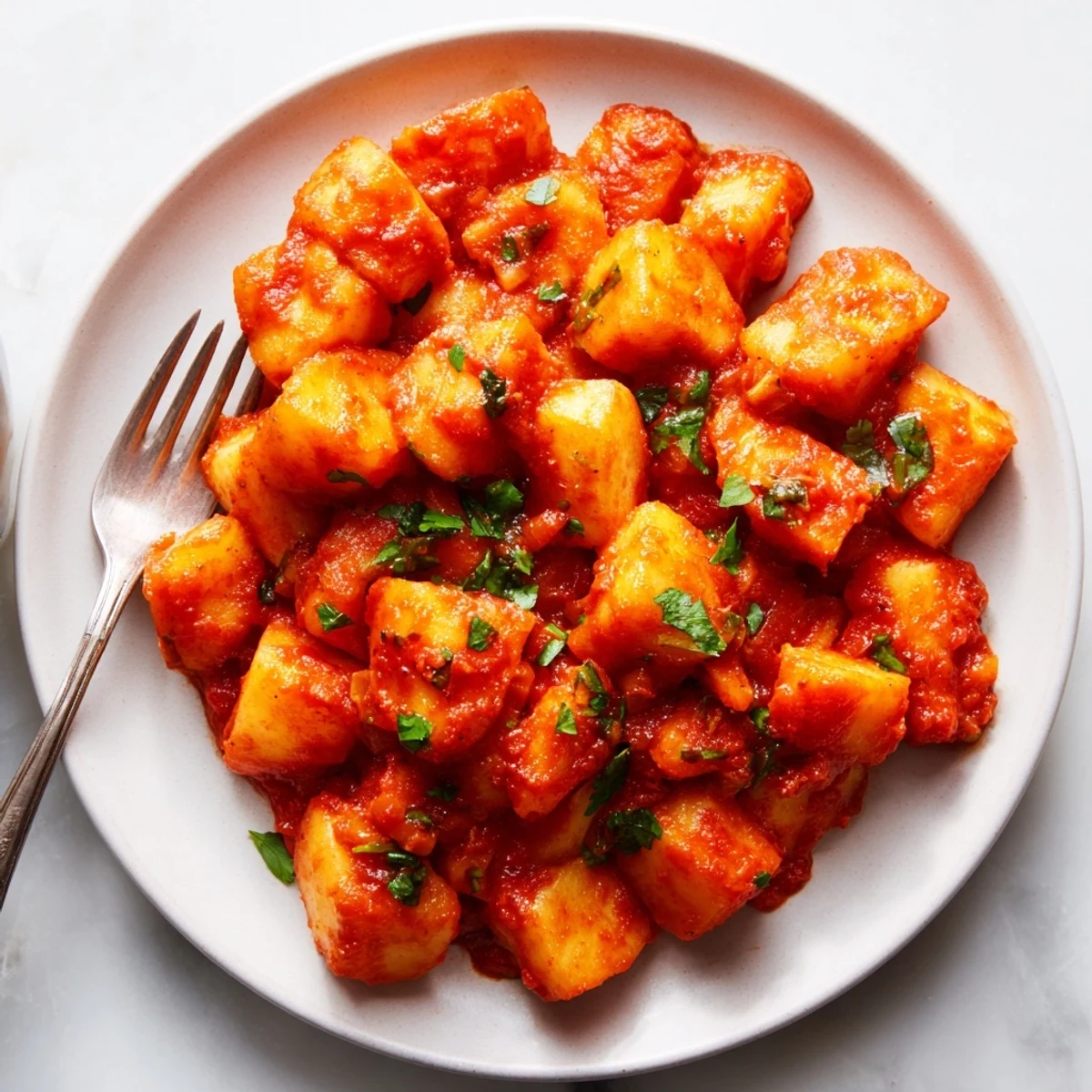Golden papas con chile simmered in a rich, mildly spicy red tomato sauce