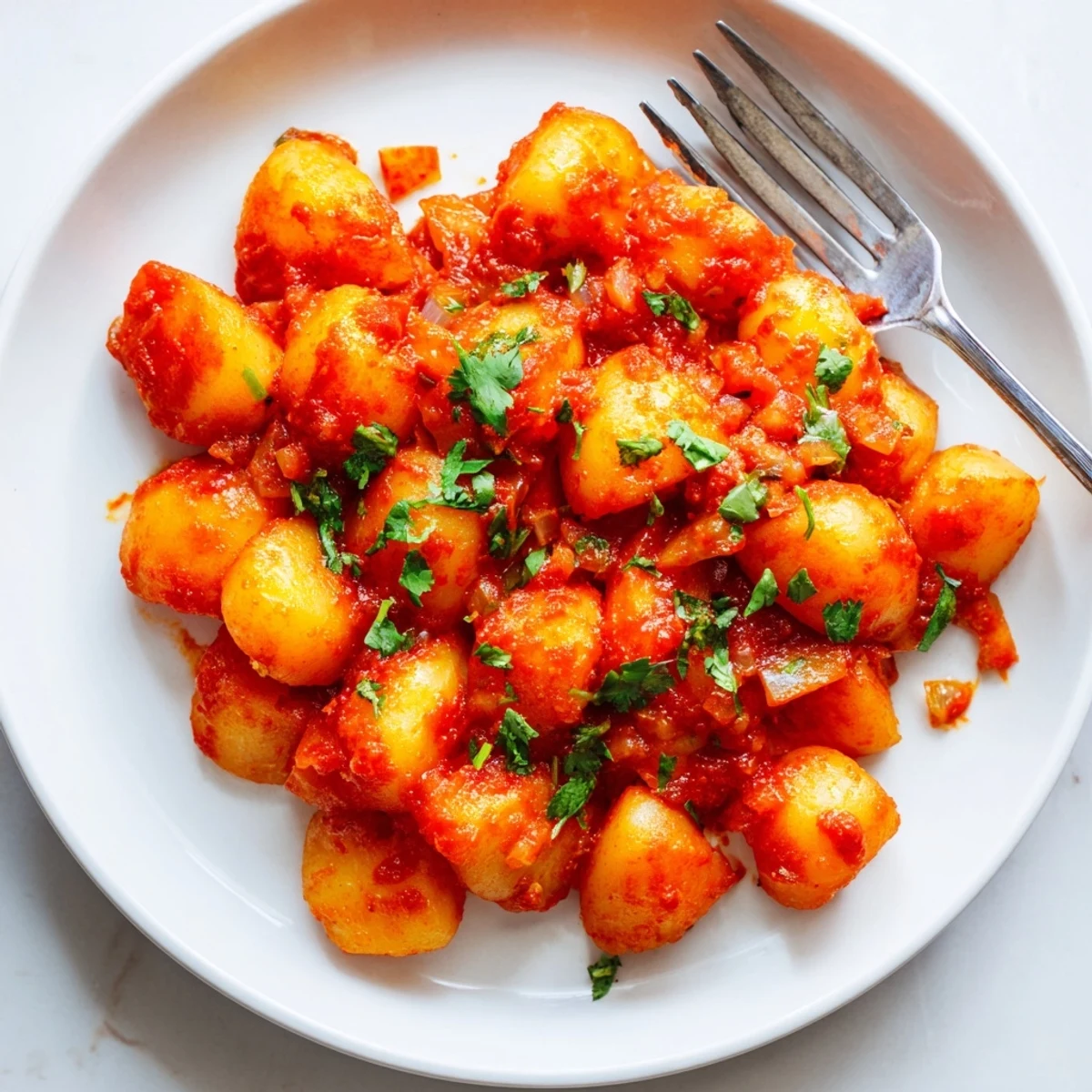 Steaming bowl of papas con chile garnished with fresh cilantro and warm tortillas