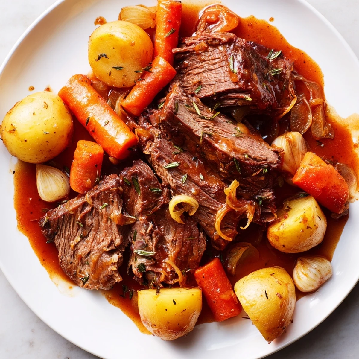 Tender perfect pot roast surrounded by golden potatoes, carrots, and rich brown gravy