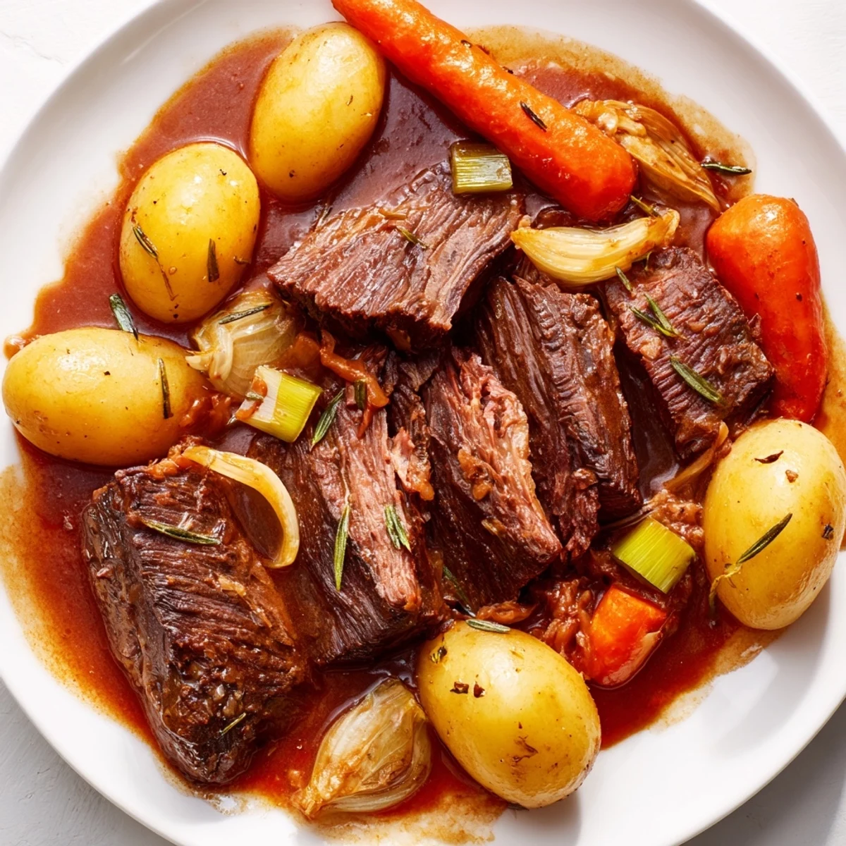 Hearty perfect pot roast plated alongside glazed carrots and pillowy potatoes drizzled with herb au jus