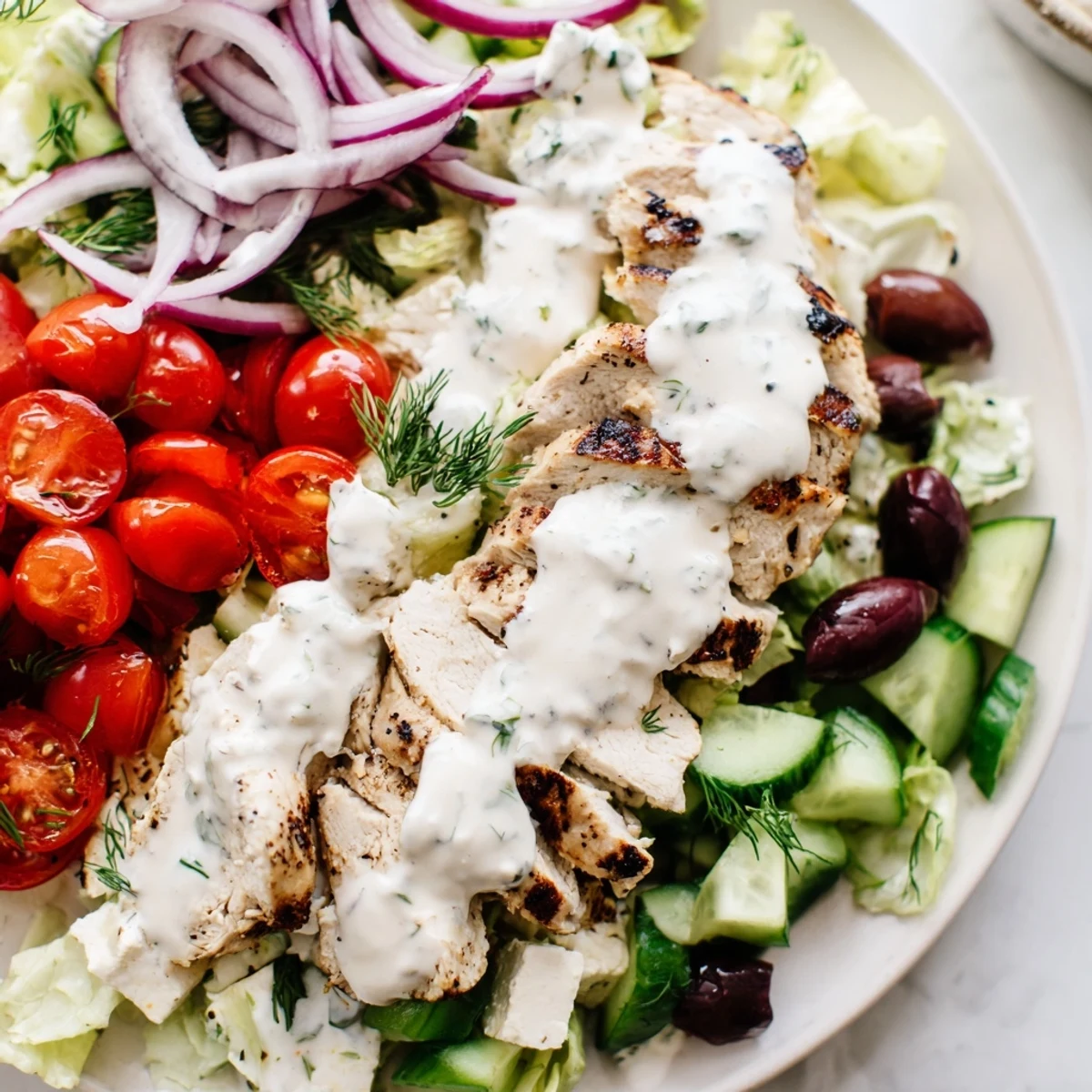 Juicy grilled chicken rests on crisp greens drizzled with creamy whipped feta dressing in this Greek chicken salad