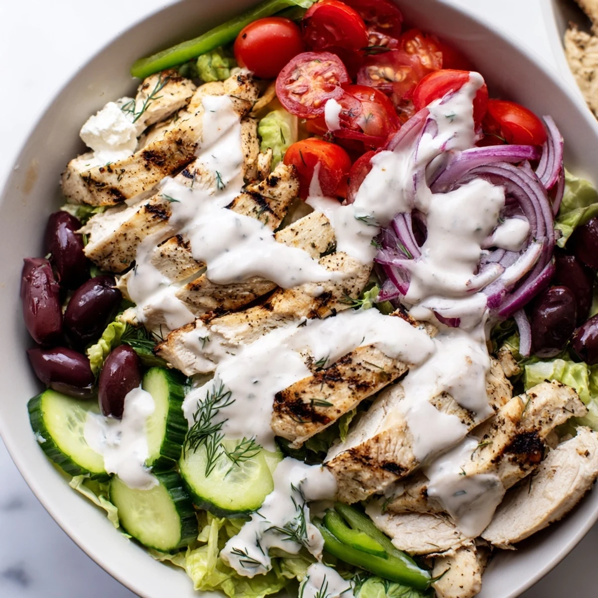 Tender sliced chicken tops colorful Mediterranean vegetables with a generous pour of whipped feta dressing in this Greek chicken salad