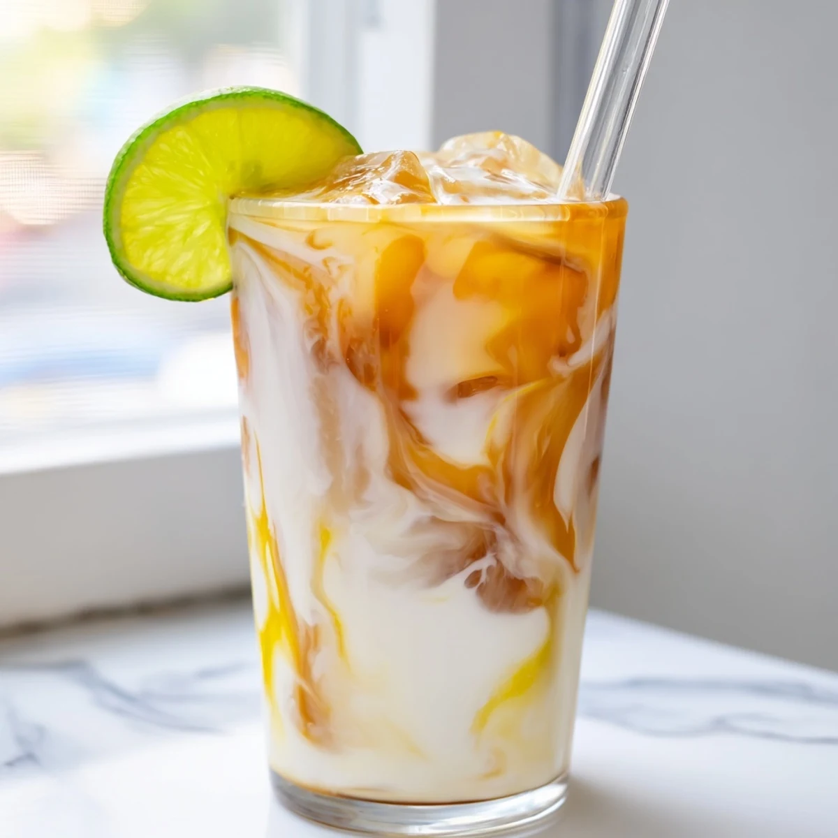 Tropical Thunder Dirty Soda in a tall ice-filled glass with creamy swirls and fresh pineapple garnish