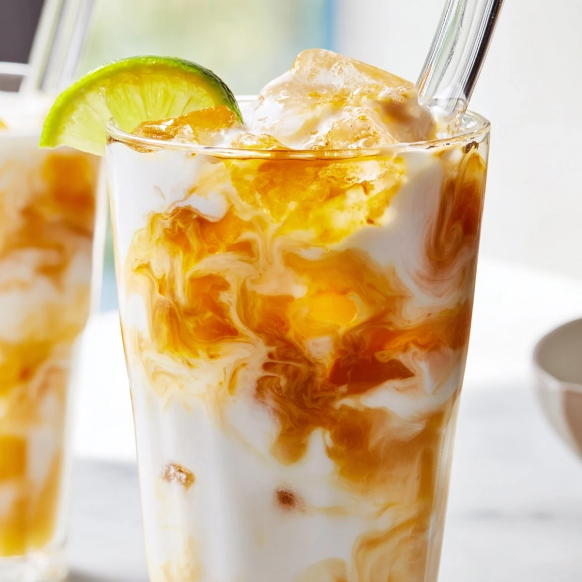Vibrant Tropical Thunder Dirty Soda with coconut cream layers, tropical syrups, and fizzy pineapple foam