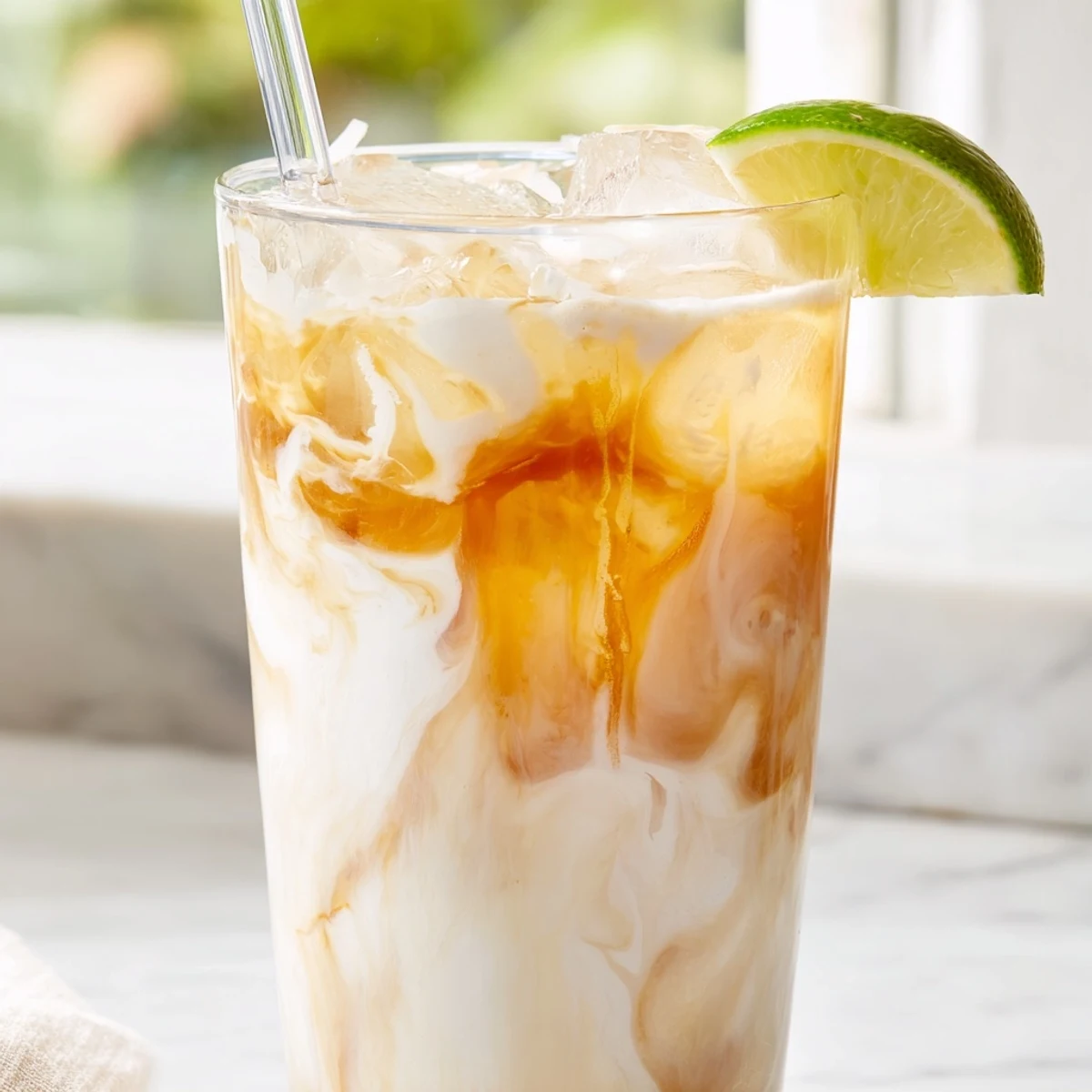 Creamy marbled Tropical Thunder Dirty Soda topped with lime wedges and served over crushed ice