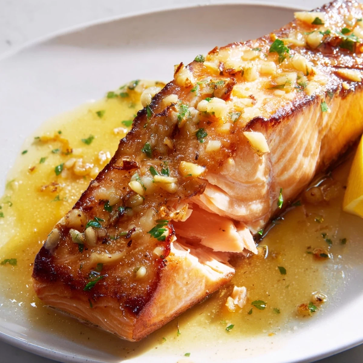 Golden garlic butter salmon fillet drizzled with rich, lemony pan sauce on a white plate
