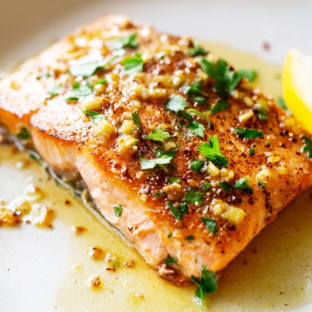 Crispy-skinned garlic butter salmon glistening with melted herb sauce, served with fresh lemon wedges