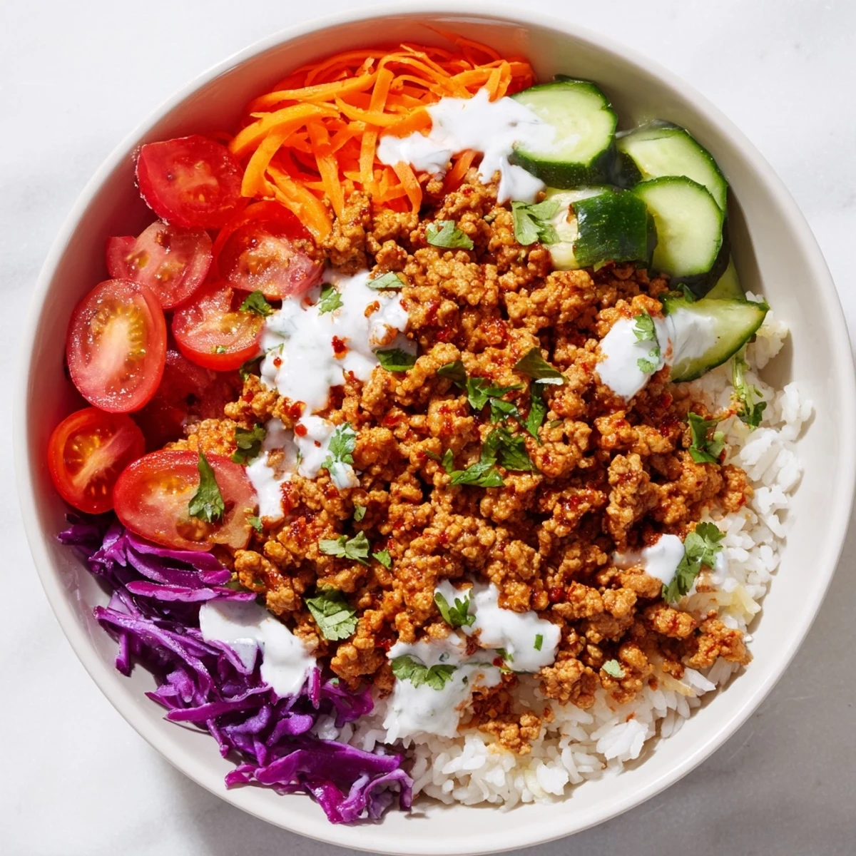 Spiced turkey rice bowls topped with colorful fresh vegetables and creamy sauce