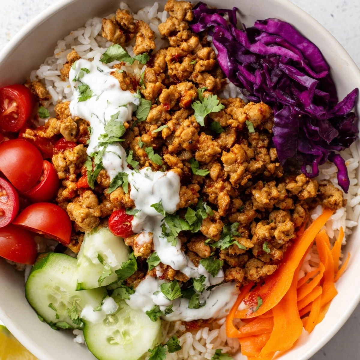 Warm aromatic spiced turkey rice bowls served over fluffy jasmine rice