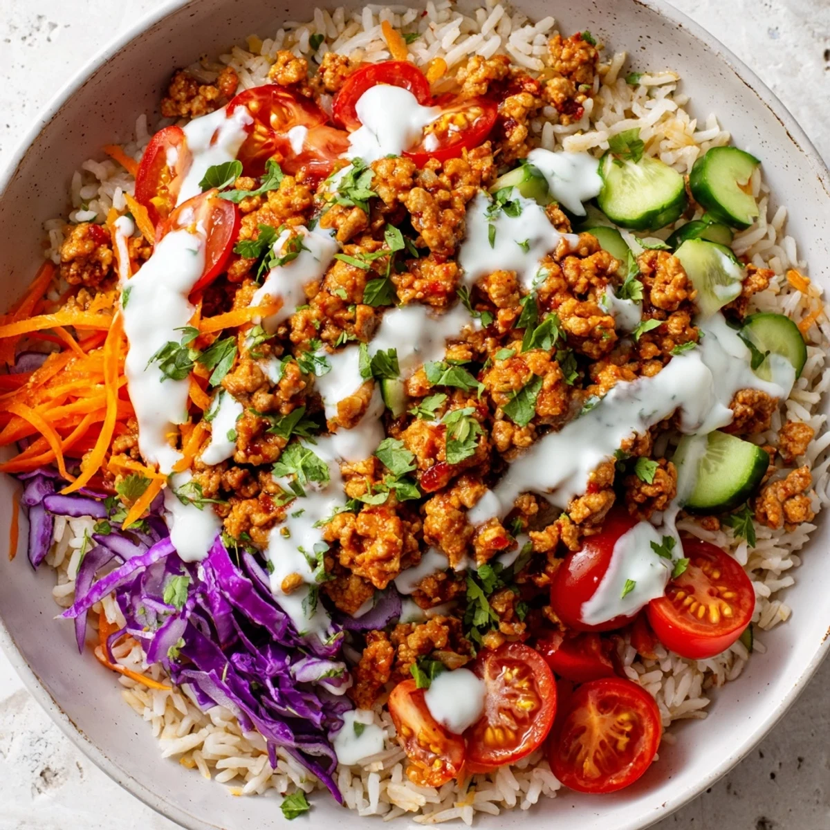 A vibrant spiced turkey rice bowl drizzled with zesty yogurt sauce