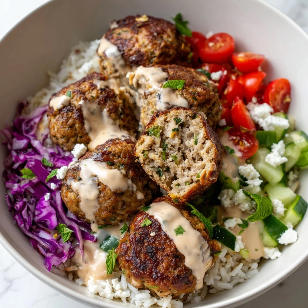 Golden zaatar turkey meatball bowls drizzled with creamy tahini over fresh crisp vegetables