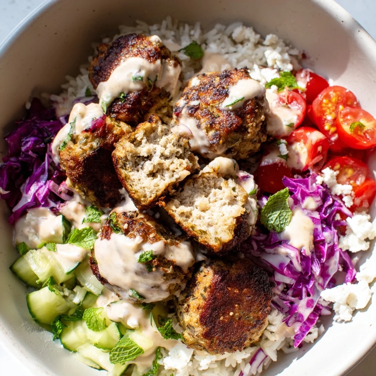 Mediterranean zaatar turkey meatball bowls with fluffy rice, colorful veggies, and tahini sauce