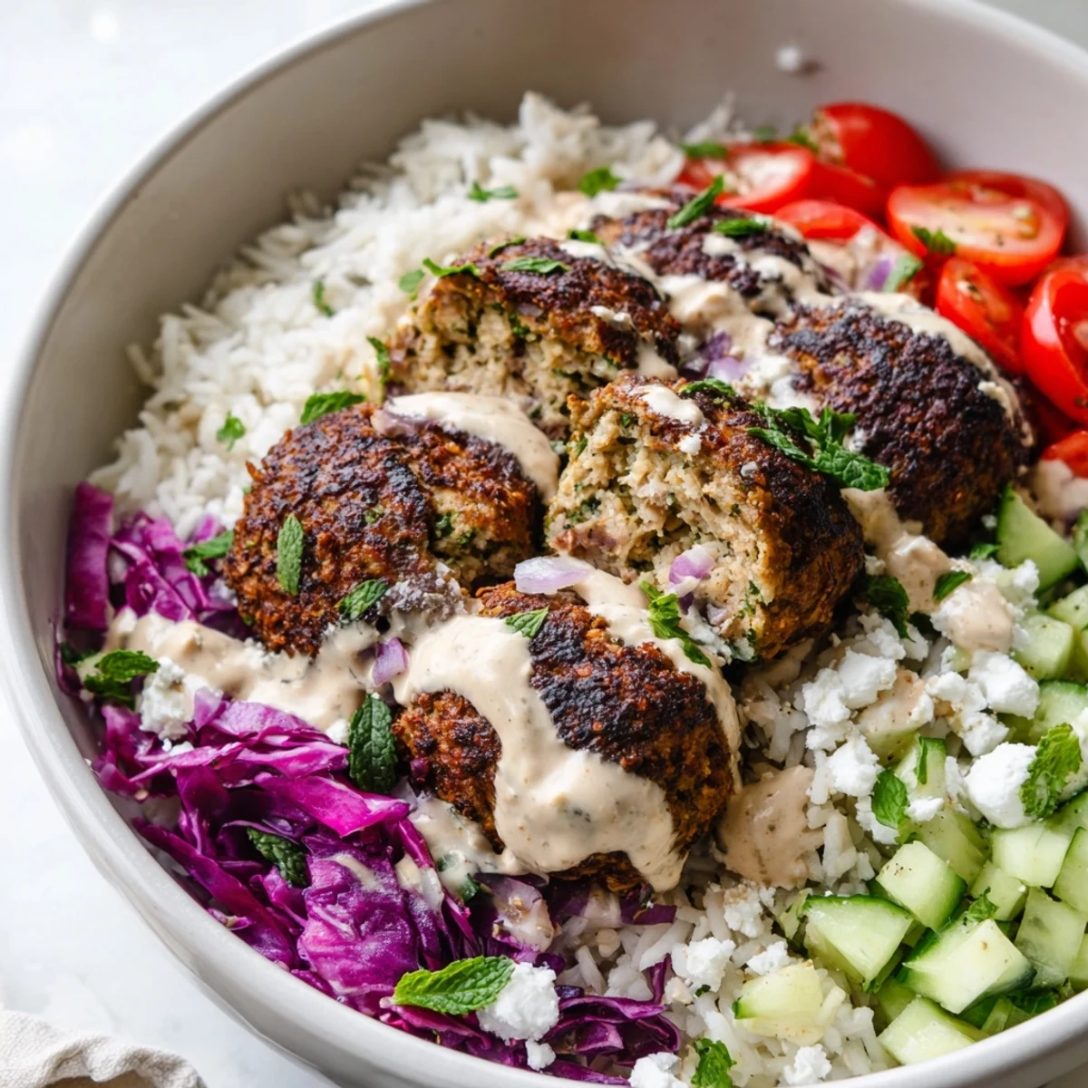 Aromatic Mediterranean zaatar turkey meatballs nestled on rice with bright vegetables and tahini