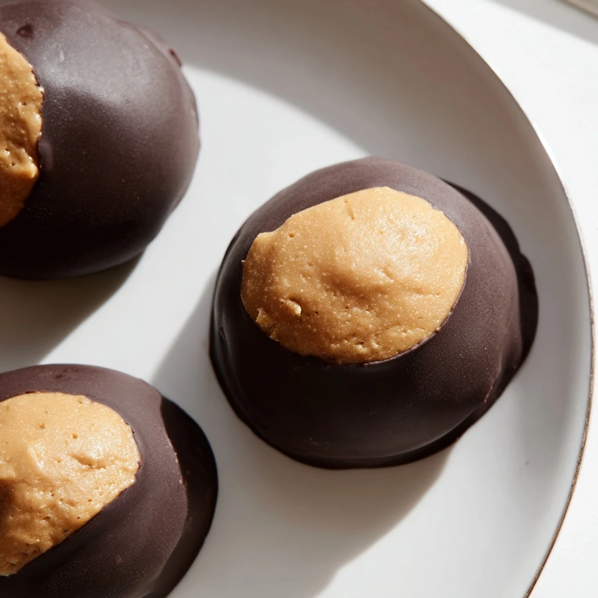 No-bake buckeye cookies with smooth peanut butter centers and a dark chocolate shell displayed beautifully
