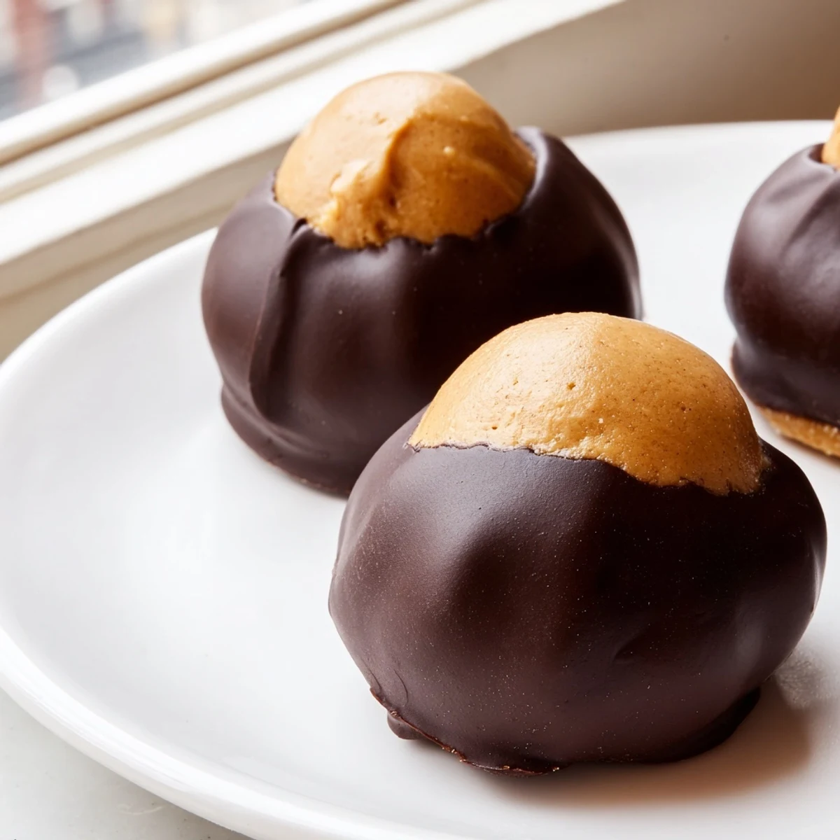 Golden peanut butter balls partially coated in rich chocolate atop a festive holiday tray