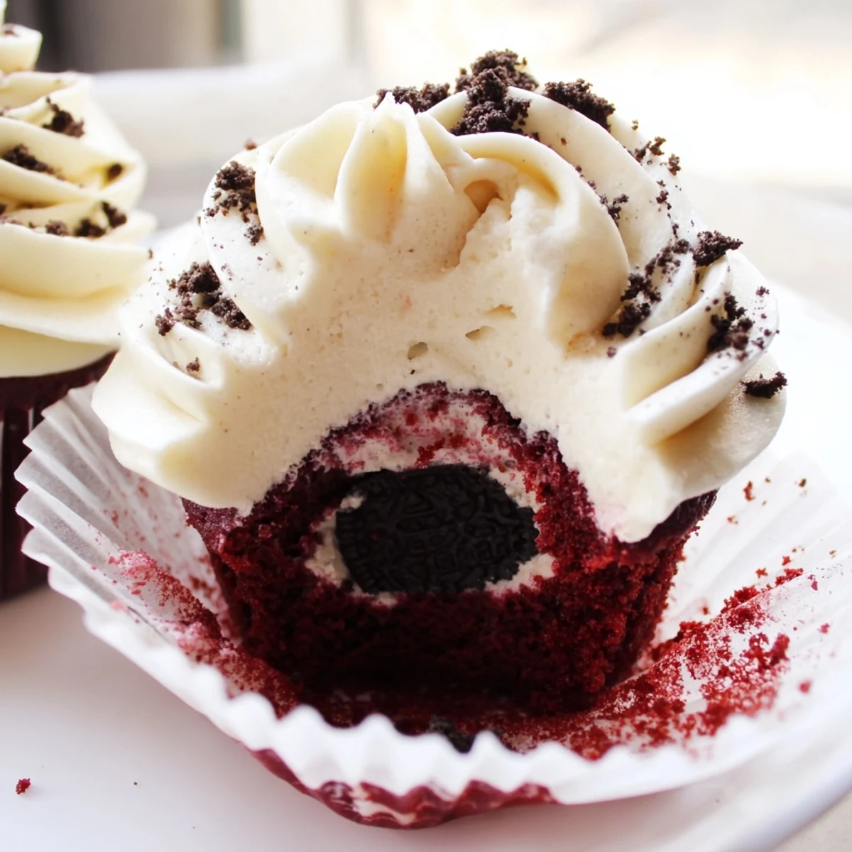 Soft and rich red velvet Oreo cupcakes topped with creamy cookie-filled frosting on a rustic plate