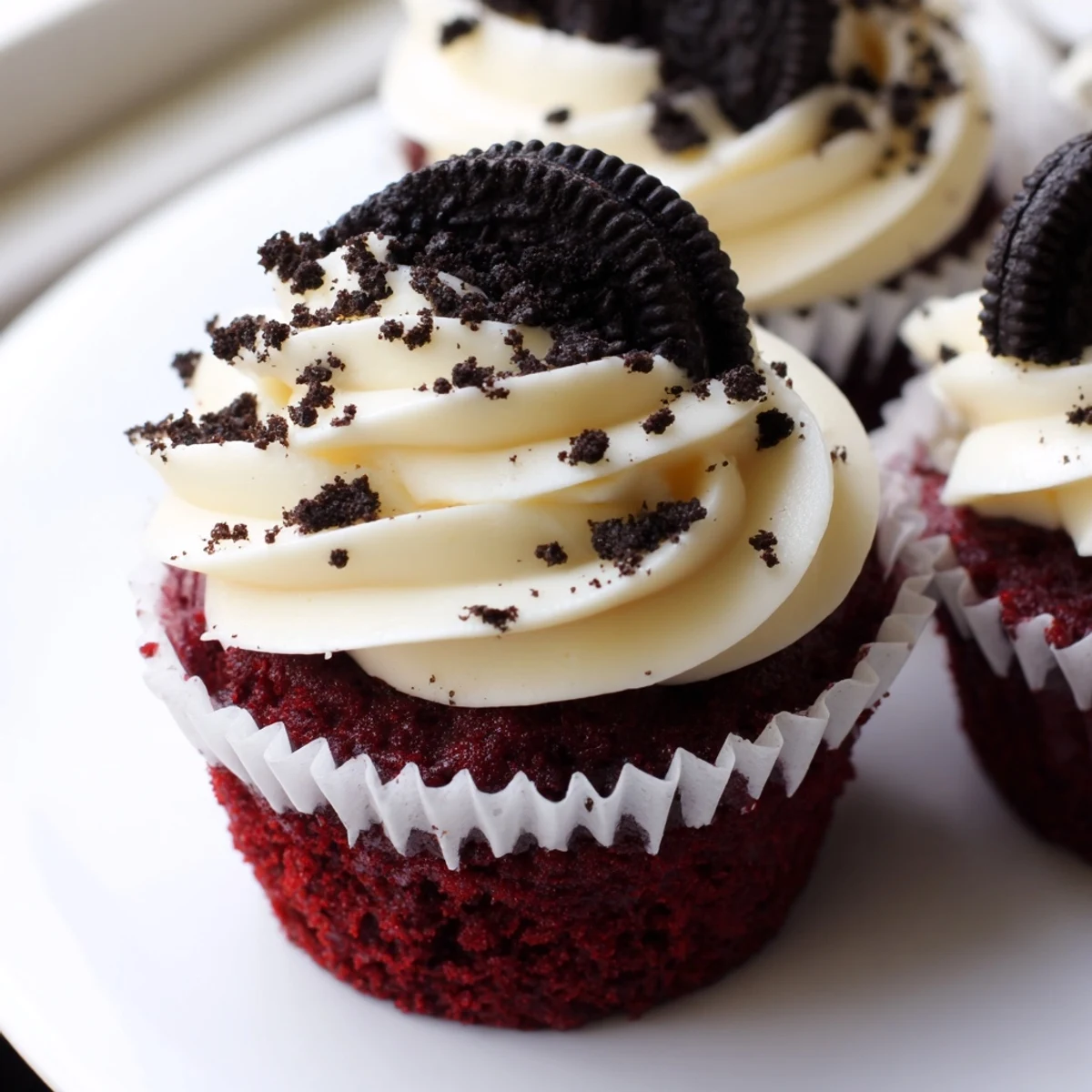 Soft and rich red velvet Oreo cupcakes with swirls of whipped cream cheese frosting and cookie crumbles