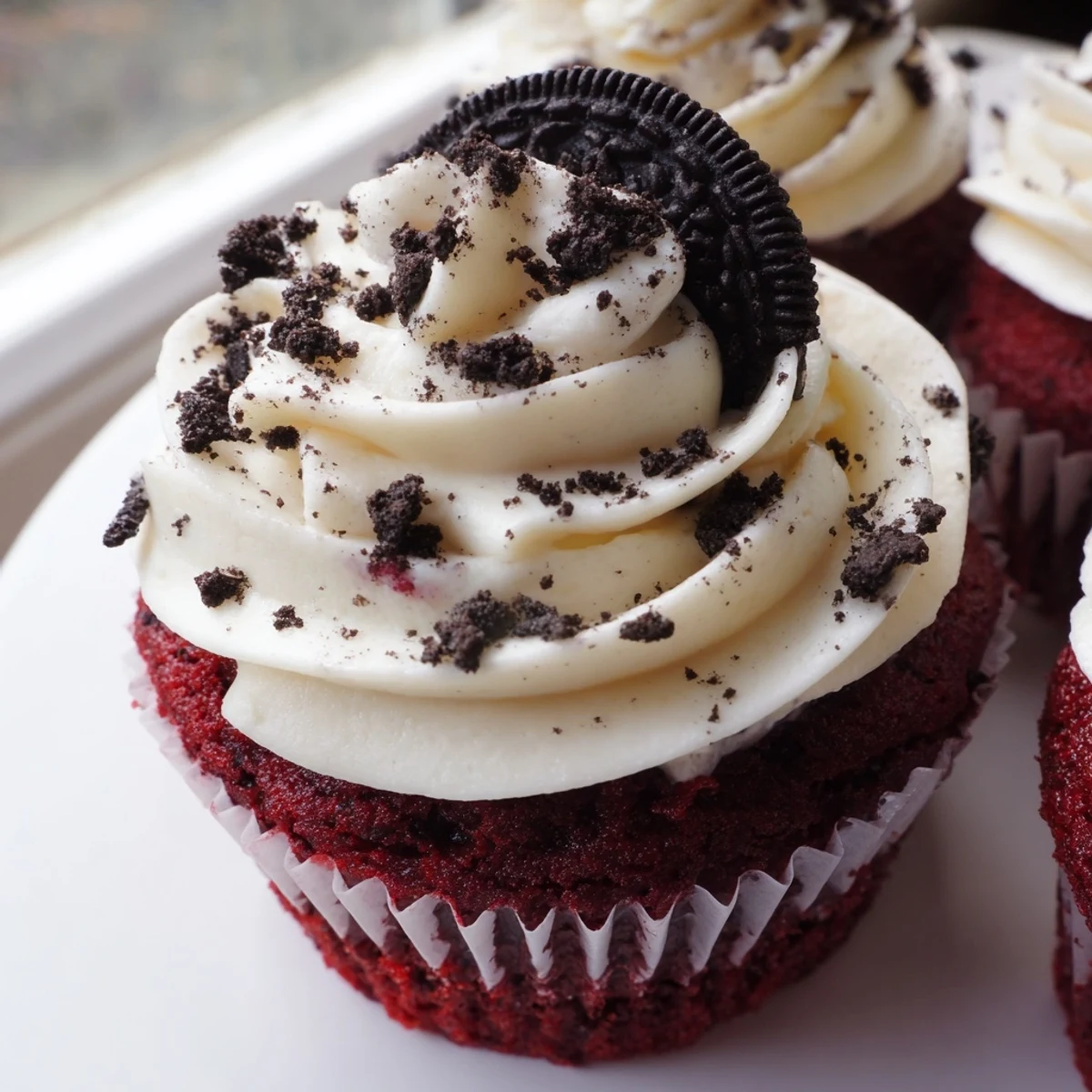 Soft and rich red velvet Oreo cupcakes fresh from the oven with thick frosted tops and mini cookie garnish