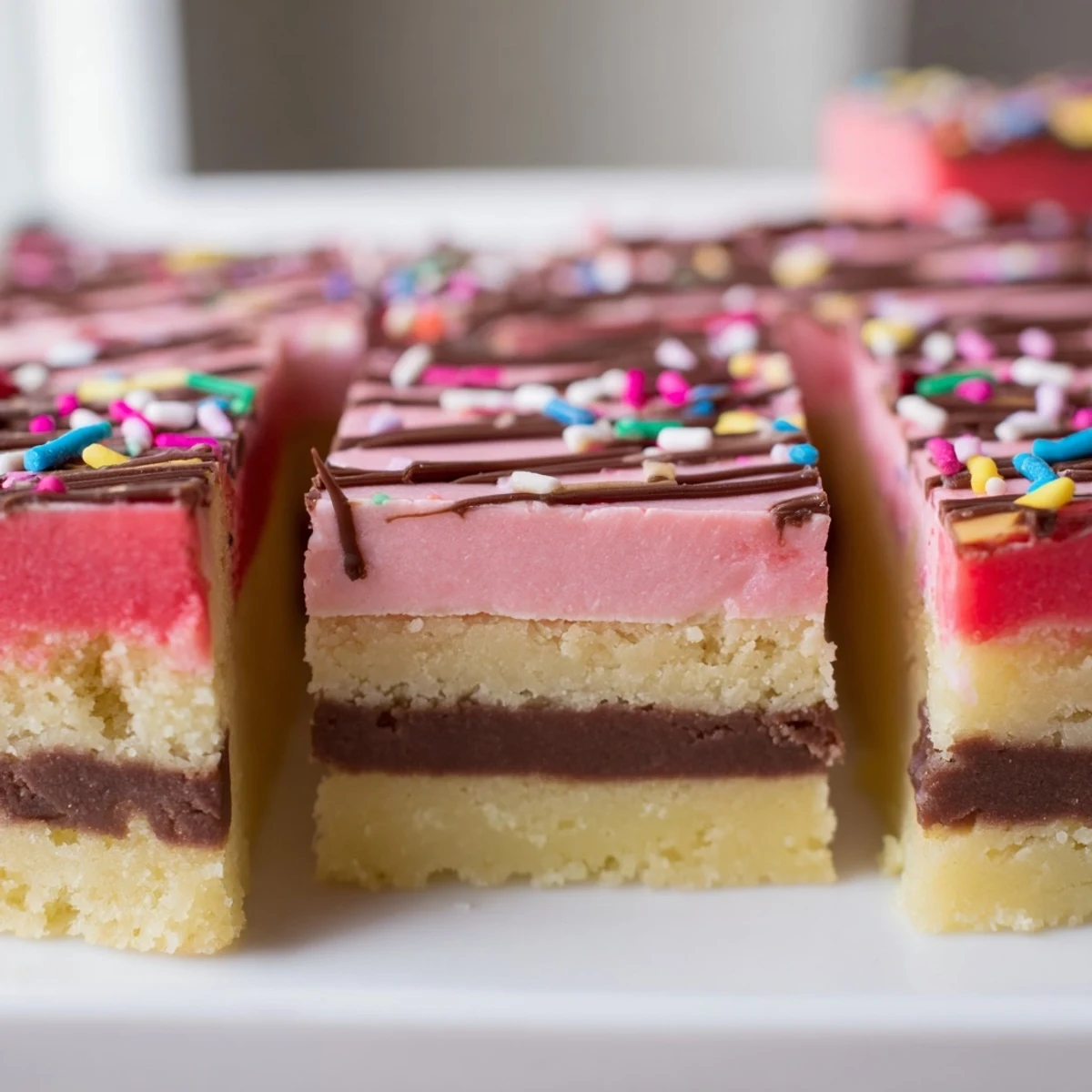 Colorful Neapolitan Cookies with chocolate, vanilla, and strawberry layers on a rustic baking sheet