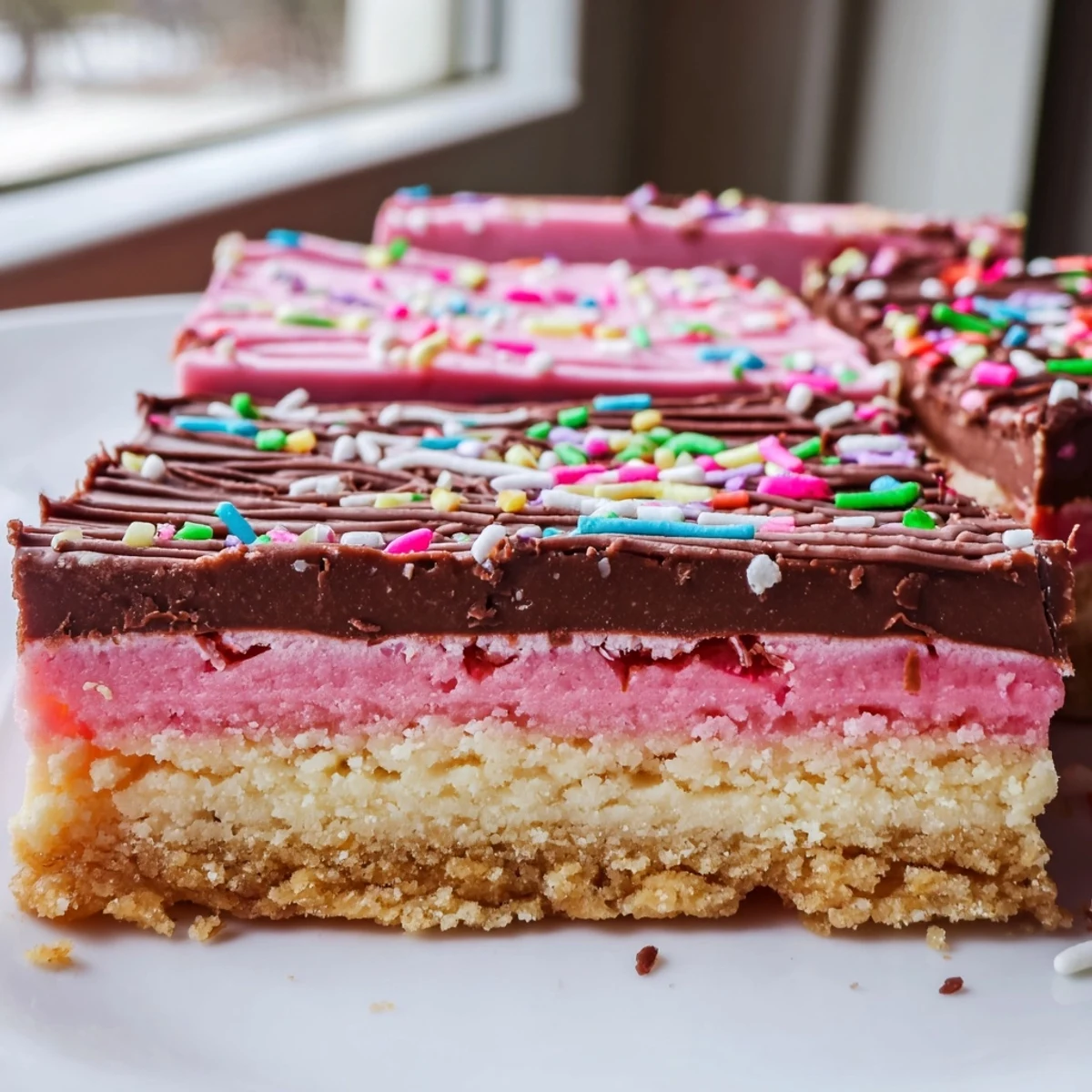Golden-baked Neapolitan Cookies sliced into neat squares drizzled with rich melted chocolate