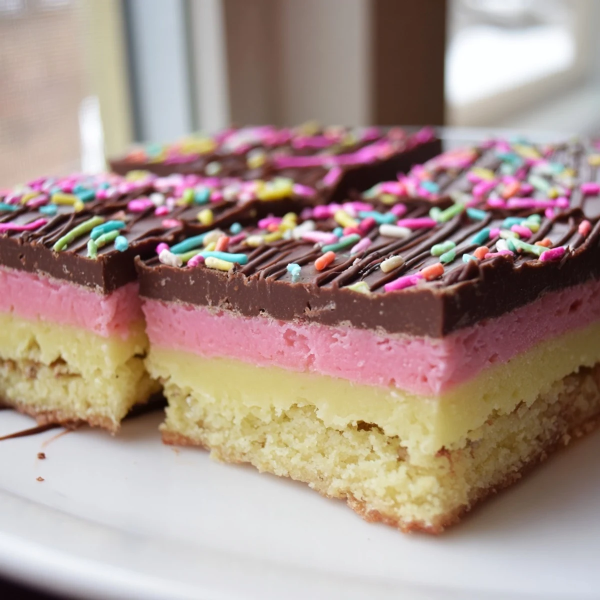 Tri-color Neapolitan Cookies stacked on a white plate beside a glass of milk