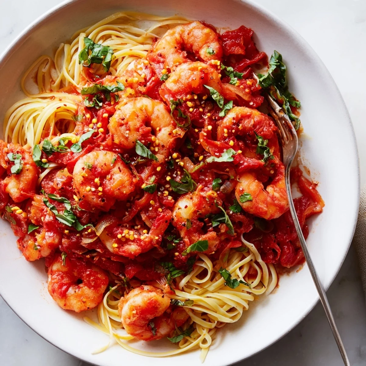 Plump shrimp nestled in a fiery red tomato sauce, garnished with fresh parsley and served over tender linguine pasta