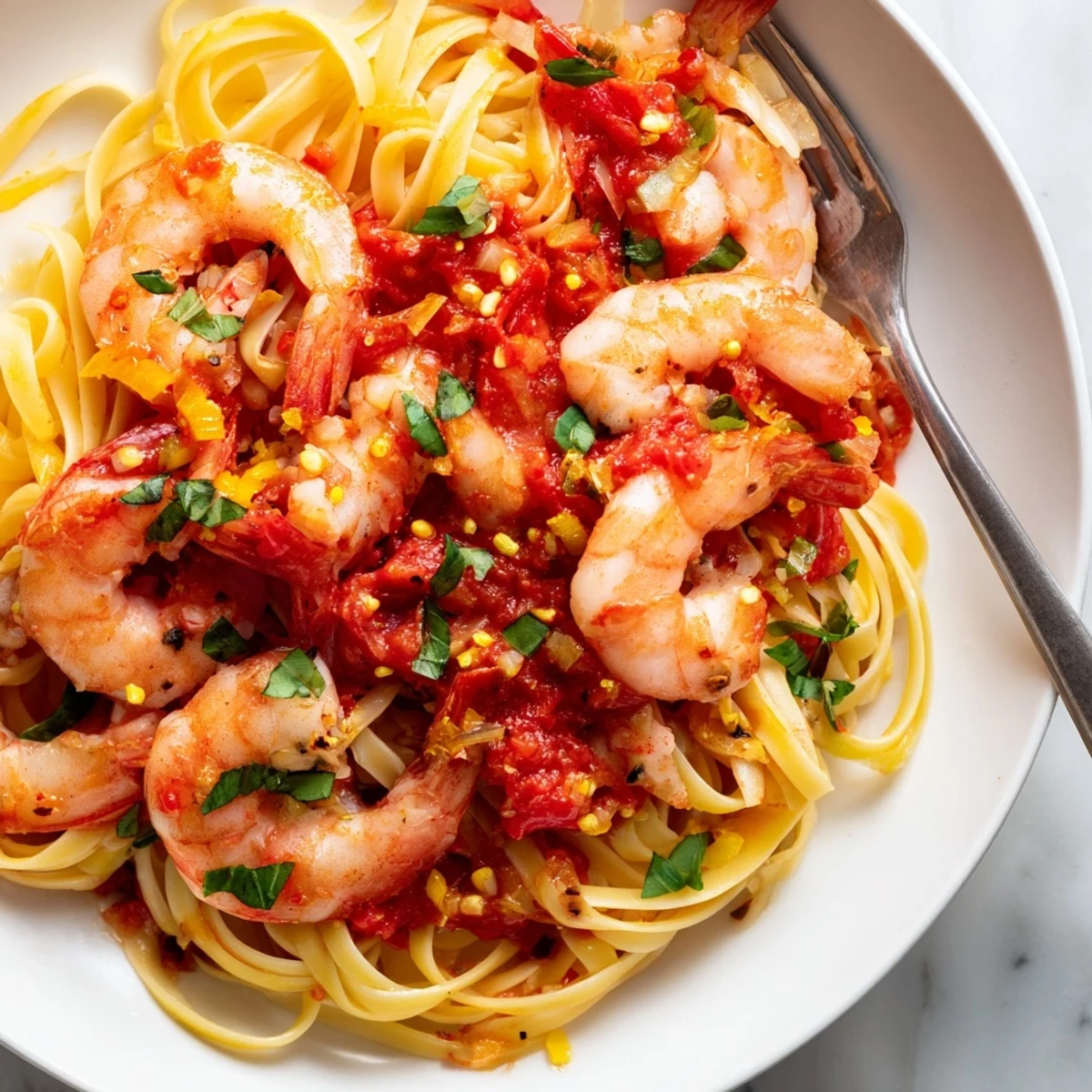 Succulent pink shrimp swimming in a rich, peppery crushed tomato sauce, finished with white wine and scattered herb garnish
