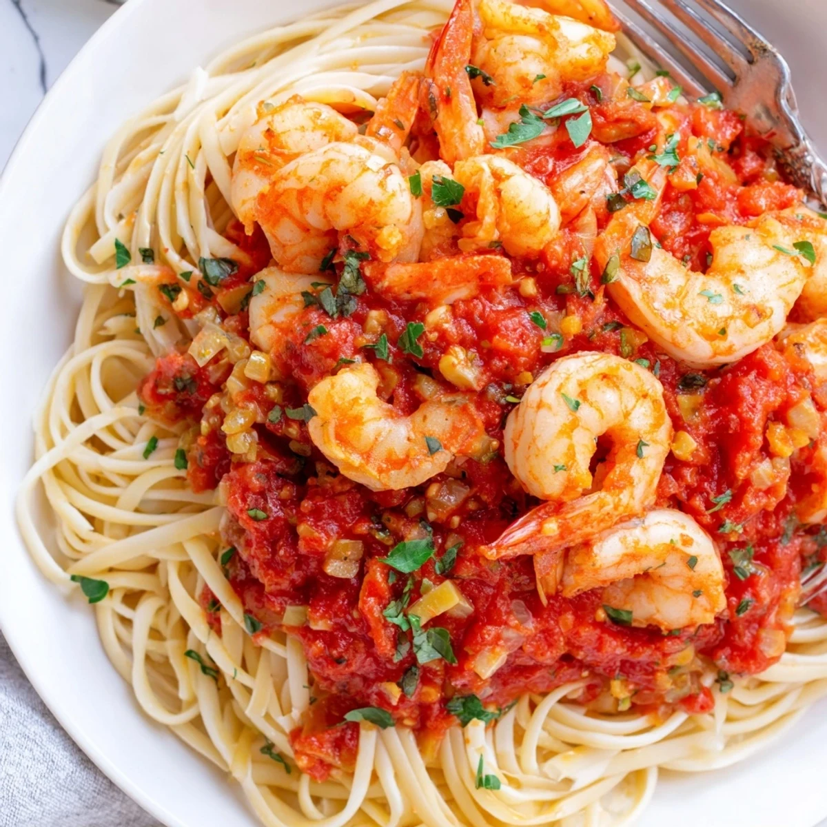 Golden seared shrimp coated in a spicy garlic tomato sauce with basil, plated atop a bed of steaming spaghetti